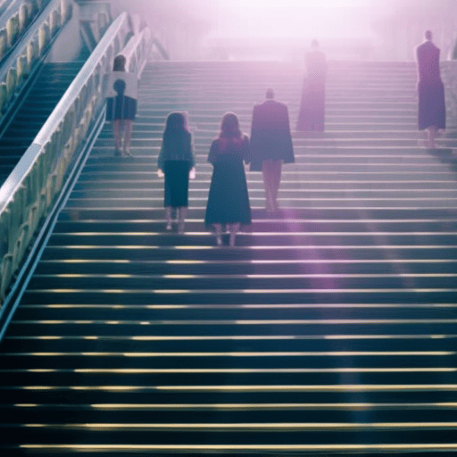An image of a diverse group of individuals standing on a vibrant, ascending staircase, each step representing a numerical value